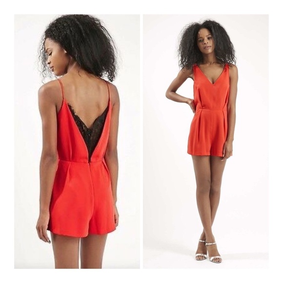 TOPSHOP Red And Black Lace Romper - Picture 1 of 4